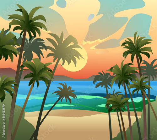 Landscape seashore. Sand beach near water. Coastal waves. Thickets of mature palms. Cartoon fun style. Flat design. Vector