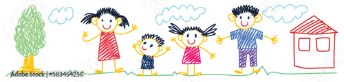 happy family kids drawing, wax crayon house outdoor Multicolored. Colorful symbols set hand drawn for kindergarten and school. Children pattern with natural draw, vector illustration childish.
