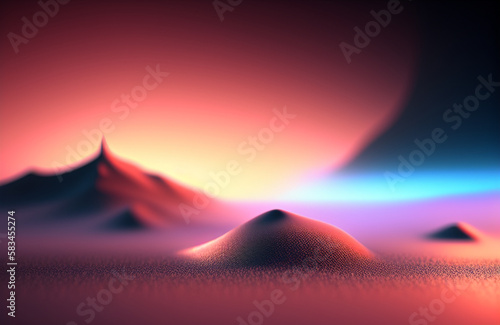 Illustration of a majestic snow-capped mountain peak with a vibrant sun rising in the distance created with Generative AI technology