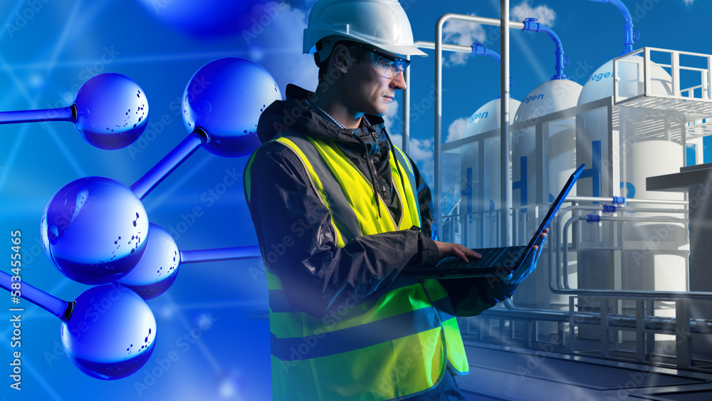 Hydrogen energy. Man in modern factory. Guy engineer with laptop