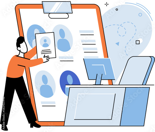 HR department, headhunter job, selection interview scenes set. Employer selects applicant candidates for work or study. Specialist engaged in selection, adaptation, dismissal, development of personnel