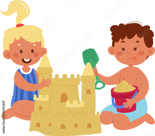 Happy boy and girl build sand castle