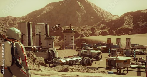 Astronaut On The Planet Mars Looking into Landscape of the Red Planet. Futuristic Spaceship Landing on Mars Base. Exploring Mission. Mars Colonization Concept. 3D Rendering