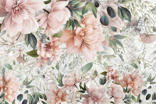 Fototapeta Naklejka Na Ścianę i Meble -  Floral border, greeting card with flowers, can be used as invitation card for wedding, birthday and other holiday and  summer background, watercolor peonies