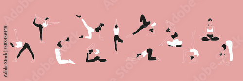 Women set in different poses doing sport pilates stretching in black and white clothes on pink background for apps banners icons