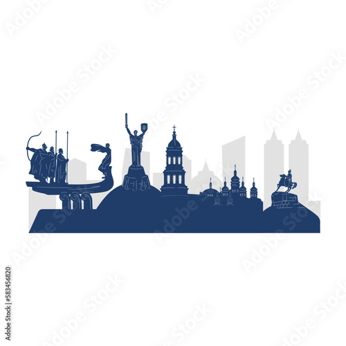 Panorama of Kiev silhouette. Architectural monuments of the capital of Ukraine. Vector illustration.