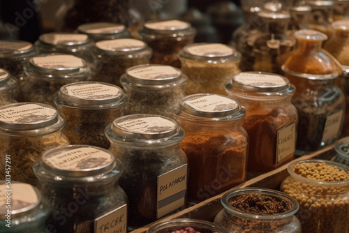spices and herbs in a shop in different colors 