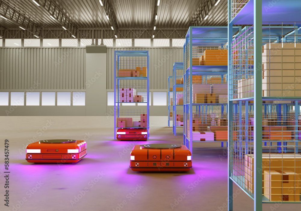 Warehouse robots. Autonomous trolleys for delivery of racks. Warehouse ...