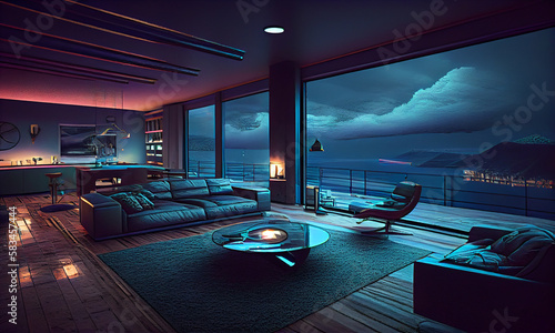 Luxury penthouse apartment  high class architecture  bright walls and color furnitures  large outside windows with city view at night  generative ai