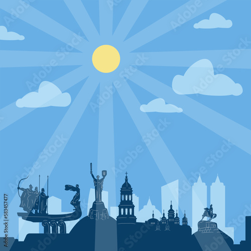 Panorama of Kyiv on a sunny day, Vector illustration of the capital of Ukraine. Ukraine skyline.