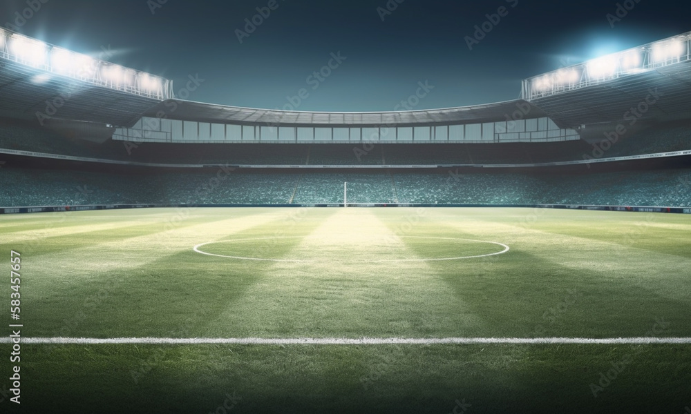 Empty soccer field from center midline wallpaper background with empty space for copy text, generative ai. Empty soccer field from center midline wallpaper background with empty space for copy text, generative ai.