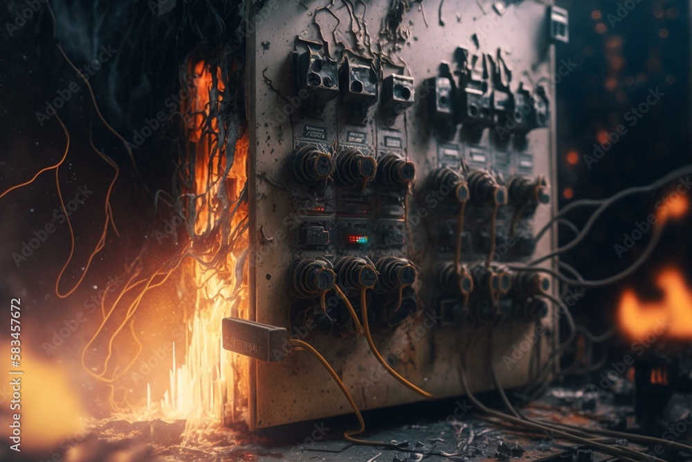 Burning fuse box caused by overload/short circuit. Risky damaged wires