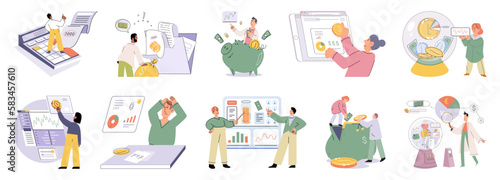 Set of people analyzing personal or corporate budget. Concept of finance accounting and calculation of financial income and expenses report. Financial consultant with document for tax computation