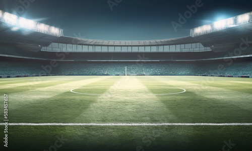 Empty soccer field from center midline wallpaper background with empty space for copy text  generative ai.