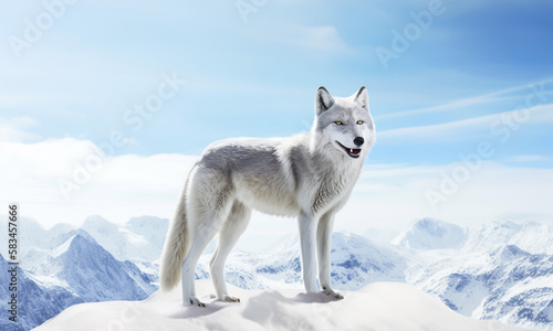Arctic white wolf in winter frozen snow landscape, generative ai.