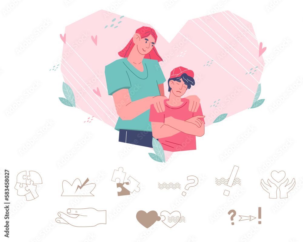 Children psychological therapy and psychologist support. Set of icons for concept of kids behavioral psychology, flat vector illustration isolated on white background. Children psychological therapy and psychologist support. Set of icons for concept of kids behavioral psychology, flat vector illustration isolated on white background.
