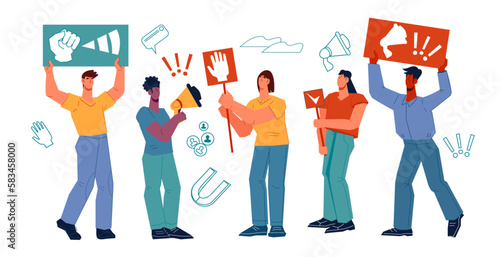 Human rights, freedom and democracy, social equality concept, flat vector illustration isolated on white. People take part in political rally or protest. No race, gender or sexual discrimination.