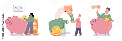 Successful businessman hold piggybank collect dollar coins for good financial investment. Happy person receive profit or income in piggy bank from savings. Invest, finance concept. Personal budget
