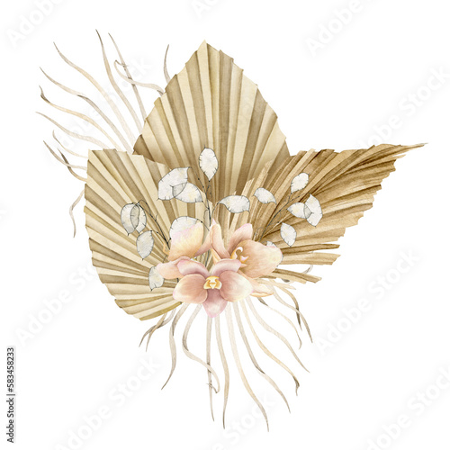 Dried Flowers in Boho style. Hand drawn watercolor illustration on isolated background for greeting cards or wedding invitations. Bohemian creamy bouquet with dry palm leaves in d pale pink orchids