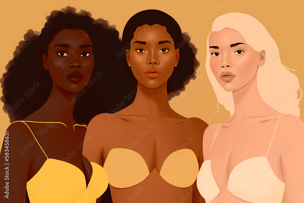 Body positive concept, a group of different women multinational girls in lingerie of different ethnic group and body shape, plus size, beige background. Generative AI. Body positive concept, a group of different women multinational girls in lingerie of different ethnic group and body shape, plus size, beige background. Generative AI.
