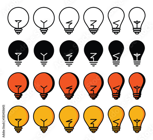 lamp icon set, isolated on white background. Idea sign, solution, thinking concept. Lightning. Electric, shining. vector illustration
