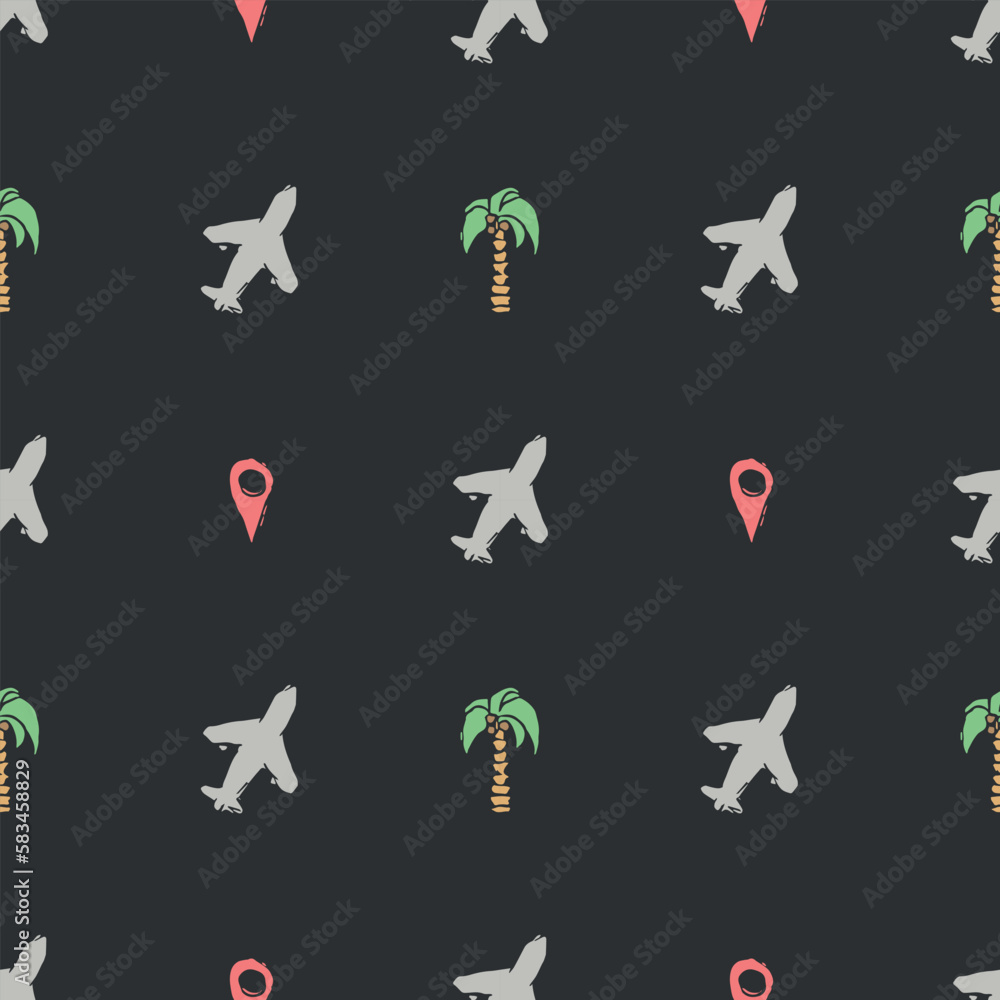 Summer seamless pattern. travel background. Travel vacation set of icons, journey and trip background. Doodle summer travel icons. Vacation vector pattern with travel icons