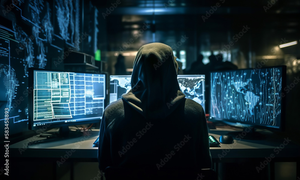 Hacker coding behind computer with hoody and mask on. Concept of cyber protection, future technology. Generative ai. Hacker coding behind computer with hoody and mask on. Concept of cyber protection, future technology. Generative ai.
