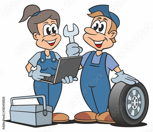 Cartoon Automechaniker und Automechanikerin, mit Laptop, Reifen und Werkzeug