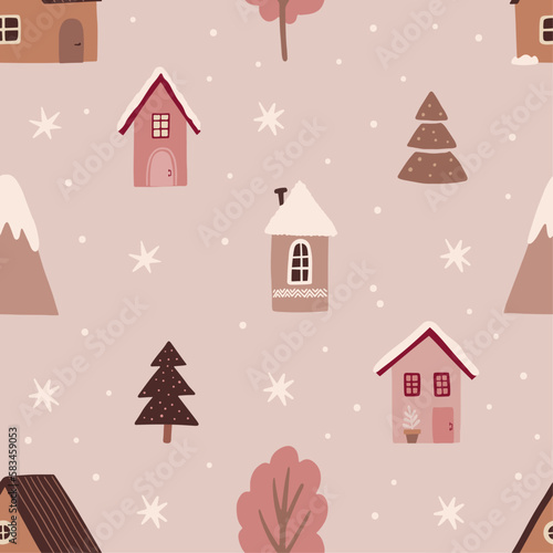 Christmas seamless pattern with trees and houses © Viktoriia