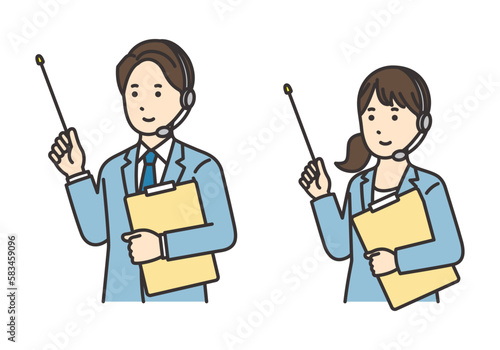 資料と指さし棒を持つオペレーターの女性と男性のイラストセット