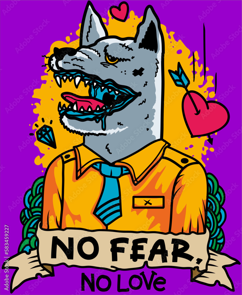 Obraz premium Wolf In Love, No Fear No Love, Vector Illustration, Print for T-Shirt, Postcard, Clothes and Other Uses