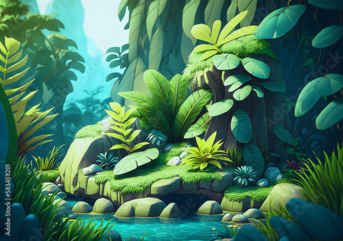 Cartoon landscape with green leaves, grass, lake and moss. AI generated.