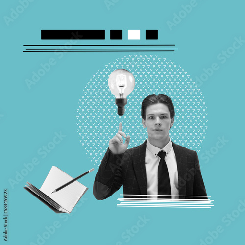 Businessman in formal wear raising finger with lightbulb symbolizing creative business ideas. Brainstorming. Contemporary art collage. Conceptual design. Concept of business, career development photo