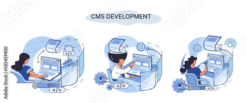Digital content management system, CMS development software metaphor. Information system or computer program enable organize collaborative process of creating, editing and managing soft in network