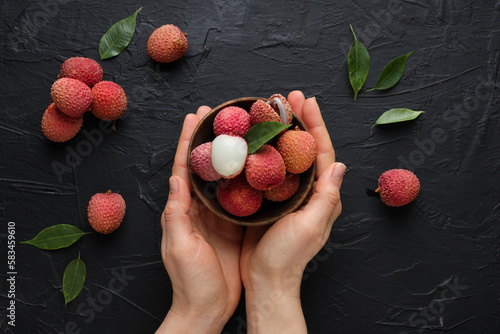 Concept of tasty and delicious exotic fruit - Lychee, top view photo