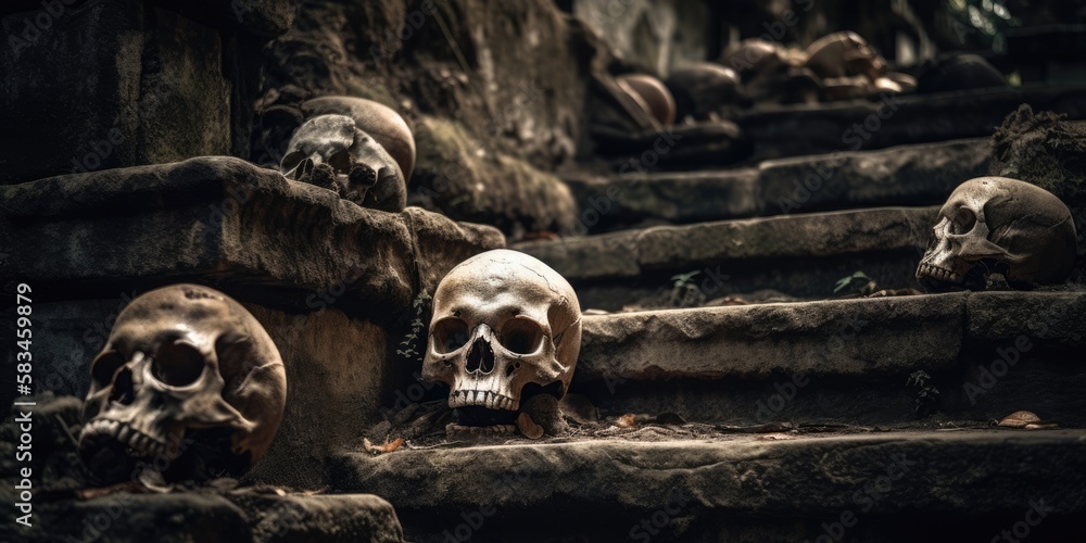 Skeletal remains strewn all over ancient decaying castle stone steps, broken and shattered sacrificed human skulls, scary macabre scene - generative AI