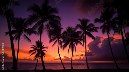 Silhouettes of palm trees during sunset. Orange purple sky.