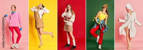 Collage made of portraits of emotional young girl in different fashion style clothes over colored backgrounds. Concept of happiness, positive emotions, education and hobbies