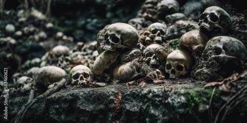 Skeletal remains strewn all over ancient decaying castle stone steps, broken and shattered sacrificed human skulls, scary macabre scene - generative AI © SoulMyst