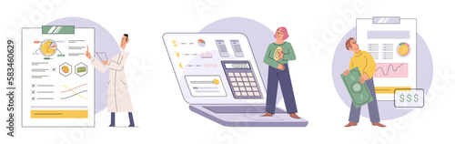 Set of people analyzing personal or corporate budget. Concept of finance accounting and calculation of financial income and expenses report. Financial consultant with document for tax computation