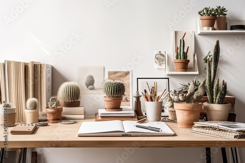 Desk  workplace for an artist or designer  and books with cacti. Generative AI
