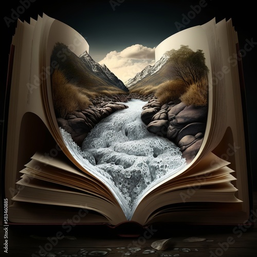 Open book generating a marvelous fantastic landscape the water flows out of the book ajar heart shaped learning fantasy cold foamy truth life paper pages education school study Generative AI 