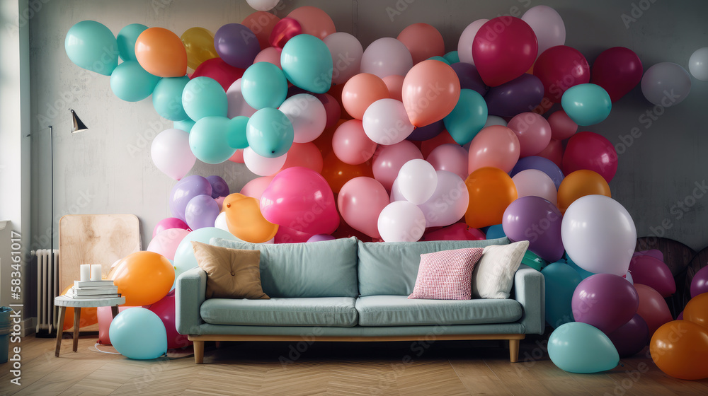 Wie Viele Luftballons Passen In Ein Zimmer Zimmer mit Sofa und vielen bunten Luftballons, Generative AI Stock