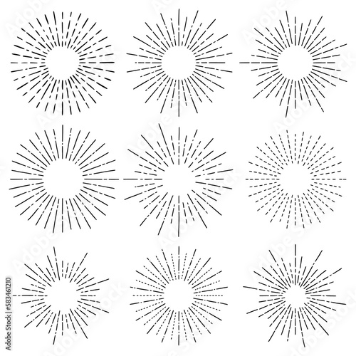 Collection of hand drawn sunburst in retro style. Illustration on transparent background