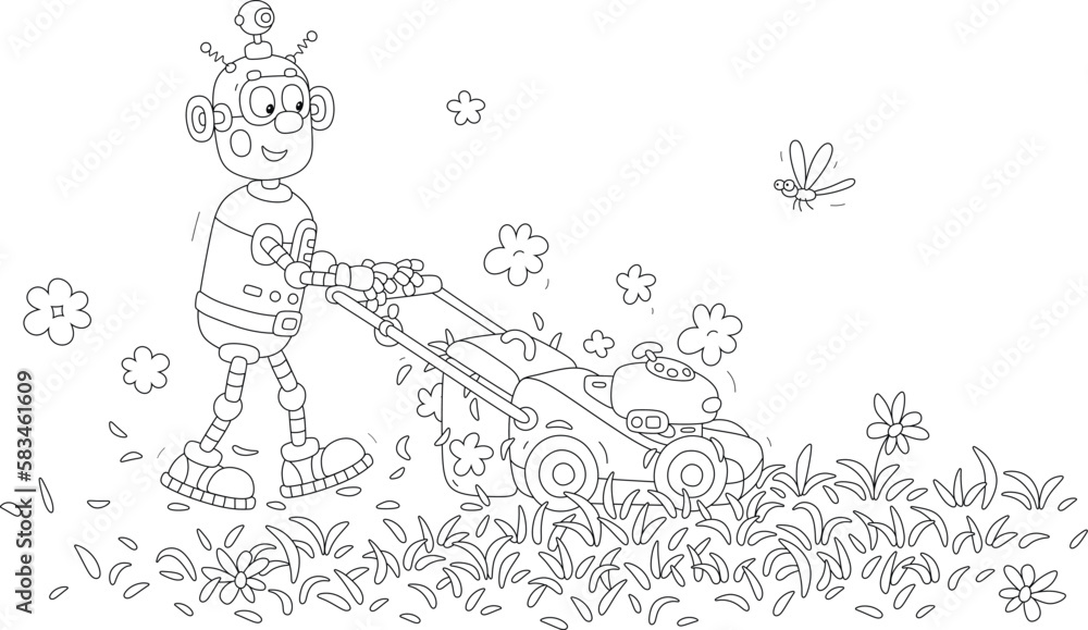 Funny robot lawnmower with a grass-cutter tending a summer lawn Funny robot lawnmower with a grass-cutter tending a summer lawn
