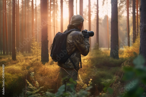 Man photographer in the woods view from the back in the rays of sunset light, landscape photographer shoots wildlife. Generative AI.