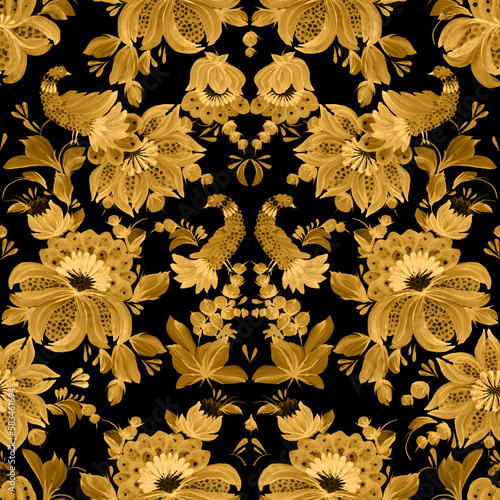 Floral golden seamless pattern. Fantasy birds, flowers, leaves in Ukrainian folk painting style Petrykivka, isolated on a black background