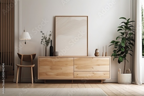 Close up of a living room with a blurred background and a mock up frame. drawer chest made of wood. design of a farmhouse interior. Generative AI