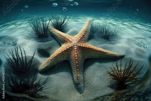 Seastar laying on the seabed underwater. Generative AI