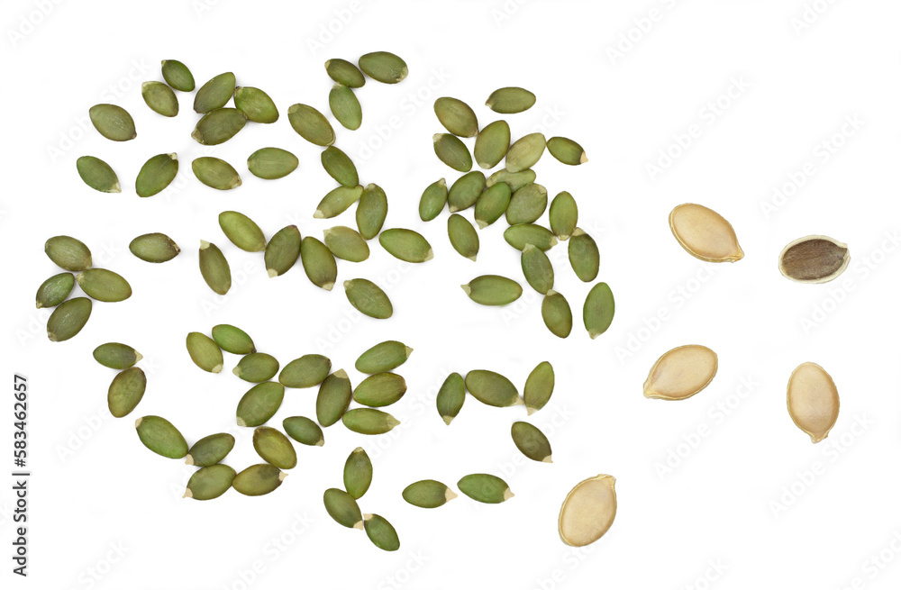Pumpkin seeds isolated on a white background, top view. Pumpkin seeds isolated on a white background, top view.